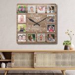 12 Photo Collage Time Spent With Family Quote Wood Square Wall Clock<br><div class="desc">Rustic wood photo clock with the inspiring family quote "Time spent with family is worth every second”. Personalize with 12 of your favorite family pictures.</div>