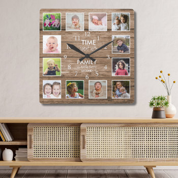12 Photo Collage Time Spent With Family Quote Wood Square Wall Clock by semas87 at Zazzle