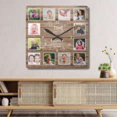 12 Photo Collage Time Spent With Family Quote Wood Square Wall Clock at Zazzle