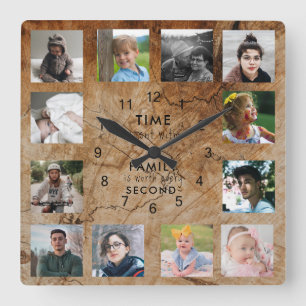12 Photo Collage Time Spent With Family Quote Wood Square Wall Clock