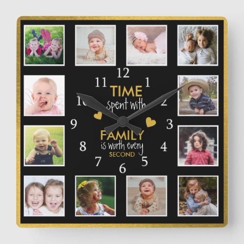 12 Photo Collage Time With Family Quote Black Gold Square Wall Clock