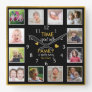 12 Photo Collage Time With Family Quote Black Gold Square Wall Clock