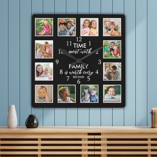 12 Photo Collage Time With Family Quote Black   Square Wall Clock