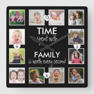 12 Photo Collage Time With Family Quote Black Square Wall Clock