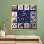 12 Photo Collage Time With Family Quote Blue Gold Square Wall Clock<br><div class="desc">Custom photo clock with the inspiring family quote "Time spent with family is worth every second”. Personalize with 12 of your favorite family photos.</div>