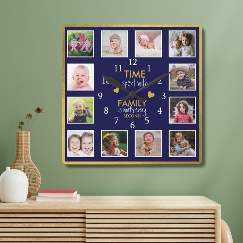 12 Photo Collage Time With Family Quote Blue Gold Square Wall Clock