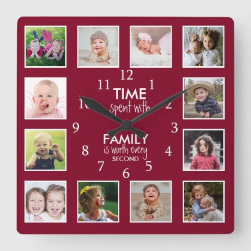 12 Photo Collage Time With Family Quote Burgundy Square Wall Clock