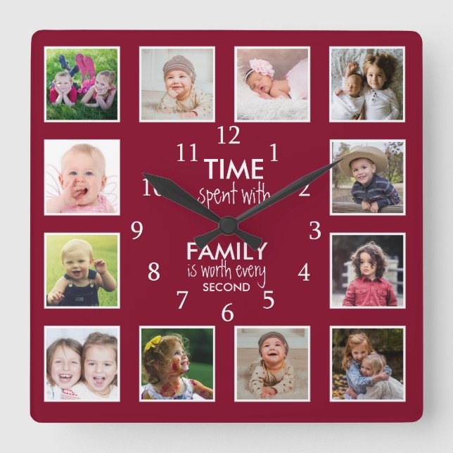 12 Photo Collage Time With Family Quote Burgundy Square Wall Clock (Front)