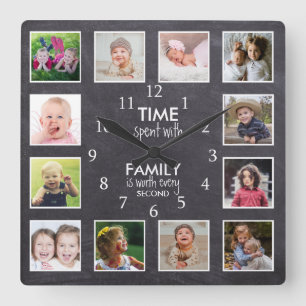 12 Photo Collage Time With Family Quote Chalkboard Square Wall Clock
