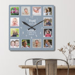 12 Photo Collage Time With Family Quote Dusty Blue Square Wall Clock<br><div class="desc">Custom photo clock with the inspiring family quote "Time spent with family is worth every second”. Personalize with 12 of your favorite family photos.</div>