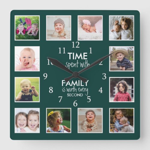 12 Photo Collage Time With Family Quote Green Square Wall Clock