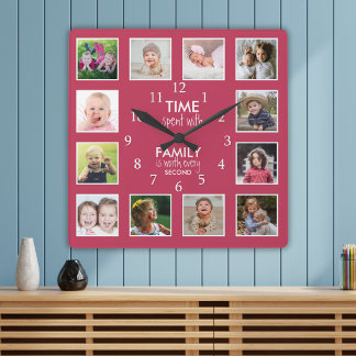 12 Photo Collage Time With Family Quote Majenta Square Wall Clock