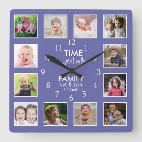 12 Photo Collage Time With Family Quote Periwinkle Square Wall Clock