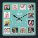 12 Photo Collage Time With Family Quote Teal Square Wall Clock<br><div class="desc">Custom photo clock with the inspiring family quote "Time spent with family is worth every second”. Personalize with 12 of your favorite family photos.</div>
