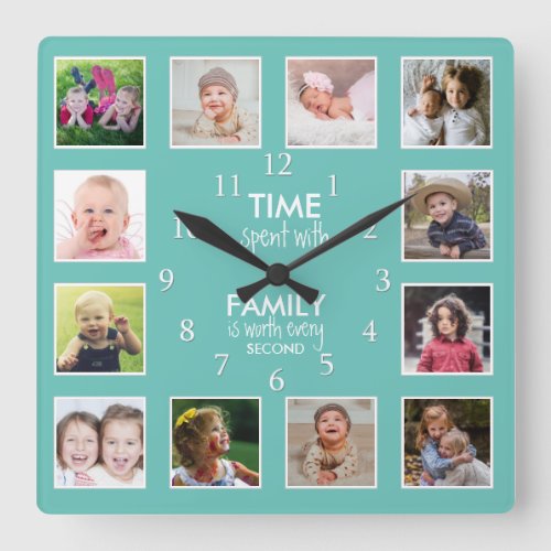 12 Photo Collage Time With Family Quote Teal Square Wall Clock