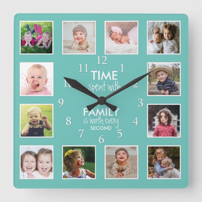 12 Photo Collage Time With Family Quote Teal Square Wall Clock (Front)
