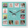 12 Photo Collage Time With Family Quote Teal Square Wall Clock