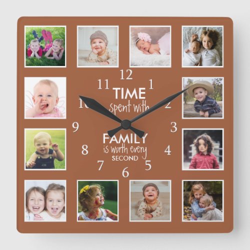 12 Photo Collage Time With Family Quote Terracotta Square Wall Clock
