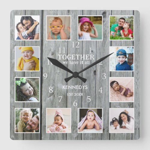 12 Photo Collage Together Family Quote Gray Wood  Square Wall Clock