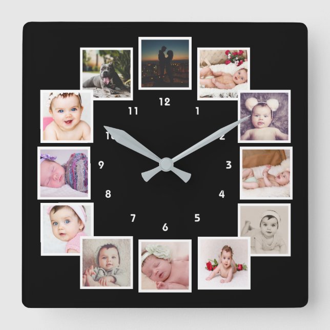 12 Photo Collage Unique Personalized Square Wall Clock (Front)
