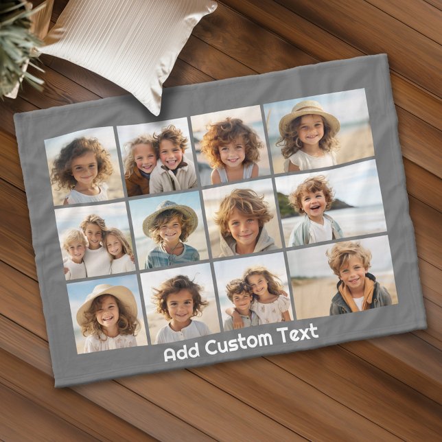 12 Photo Collage with Charcoal Gray Background Fleece Blanket (Personalized fleece blanket with 12 photos and custom text)
