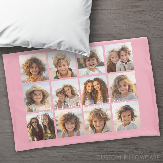 12 Photo Collage with Custom Background Pink Pillow Case (Custom Pillowcase)