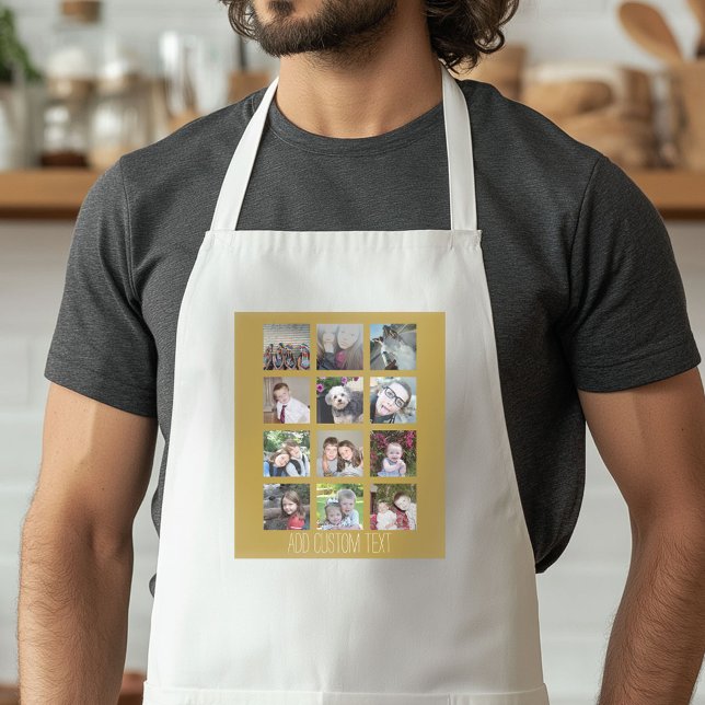12 Photo Collage with Gold Background Adult Apron (Custom Apron with a Photo Collage)