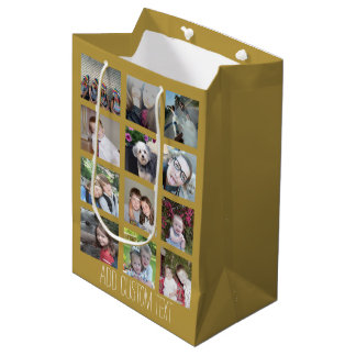 12 Photo Collage with Gold Background Medium Gift Bag