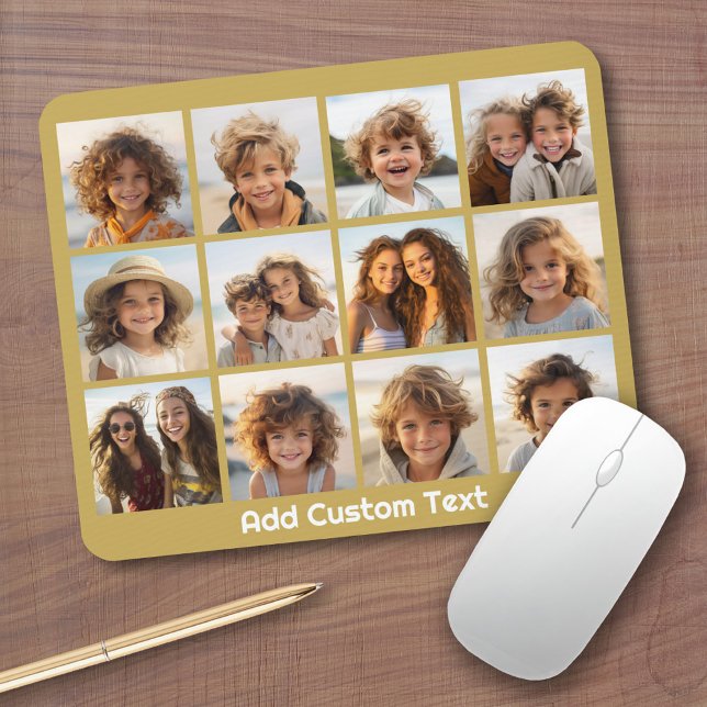 12 Photo Collage with Gold Background Mouse Pad (Personalized mousepad - Add Photos and Custom Text)