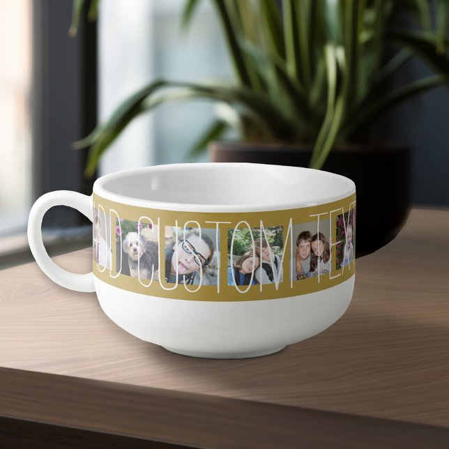 12 Photo Collage with Gold Background Soup Mug (Personalized Soup Mug - Add Your Photos and Text for a Great Gift)
