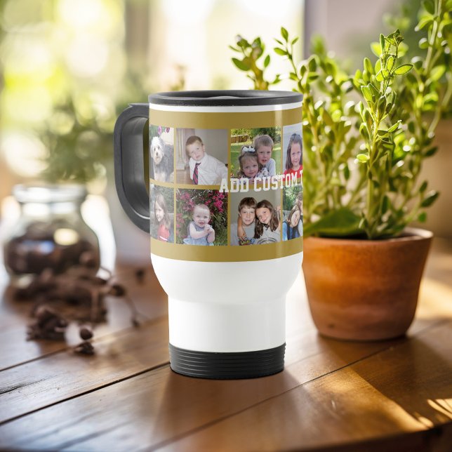 12 Photo Collage with Gold Background Travel Mug (Personalized travel mug - add photos and text or customize completely)