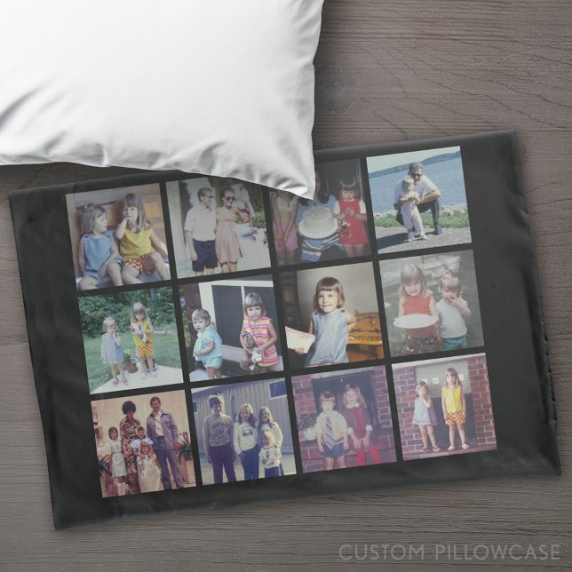 12 Photo Collage with Text on Back - Black Pillow Case (Custom Pillowcase)