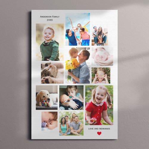 12 Photo Family Memory Collage with Heart Canvas Print