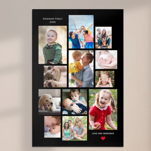 12 Photo Family Memory Collage with Heart on Black Acrylic Print