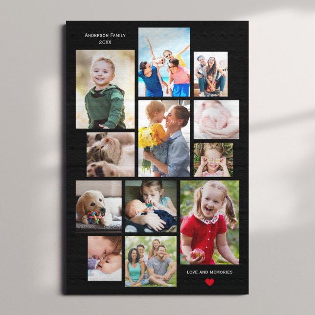 12 Photo Family Memory Collage with Heart on Black Canvas Print (Creator Uploaded)
