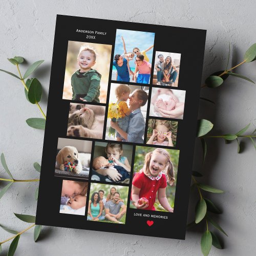 12 Photo Family Memory Collage with Heart on Black Holiday Card