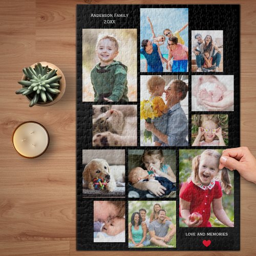 12 Photo Family Memory Collage with Heart on Black Jigsaw Puzzle