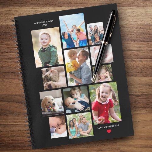 12 Photo Family Memory Collage with Heart on Black Notebook