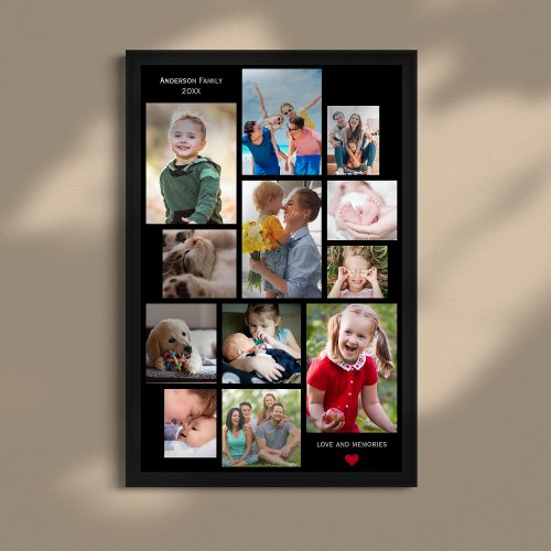 12 Photo Family Memory Collage with Heart on Black Poster