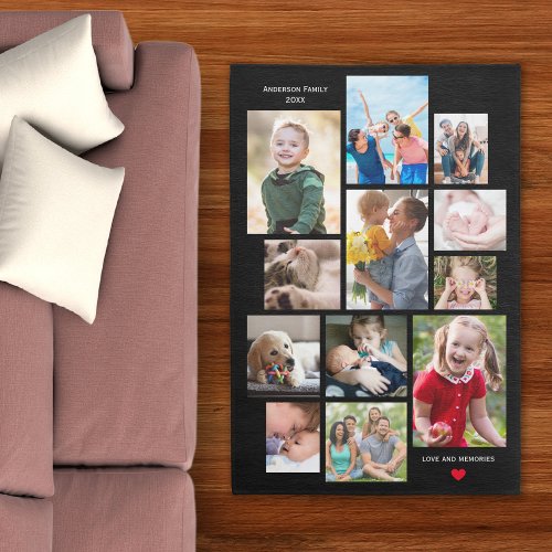 12 Photo Family Memory Collage with Heart on Black Rug