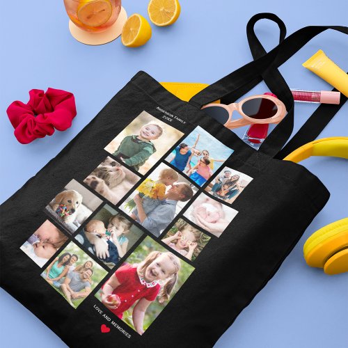 12 Photo Family Memory Collage with Heart on Black Tote Bag