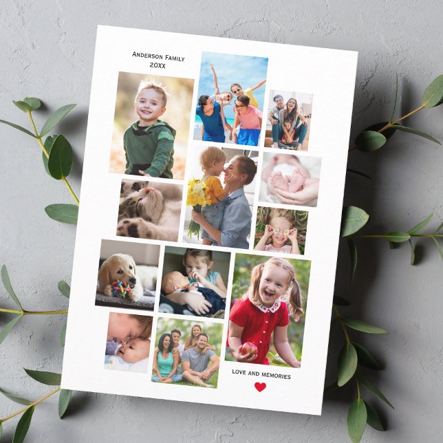 12 Photo Family Memory Collage with Heart on White Holiday Card (Creator Uploaded)