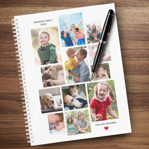 12 Photo Family Memory Collage with Heart on White Notebook
