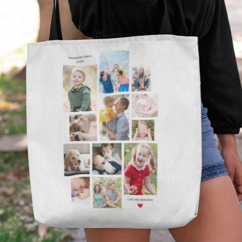 12 Photo Family Memory Collage with Heart on White Tote Bag
