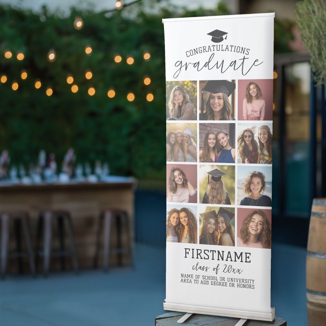 12 Photo - Graduation Modern Minimal White Retractable Banner (Custom Graduation Banner Stand - Photo Collage with Modern Black and White Design)