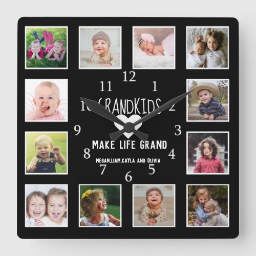 12 Photo Grandkids Make Life Grand Quote Black Square Wall Clock