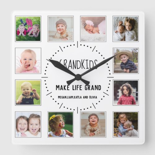 12 Photo Grandkids Make Life Grand Quote White Square Wall Clock