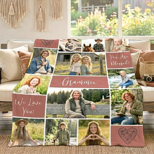 12 Photo Grandma Name Boho Mauve Faith Keepsake Fleece Blanket