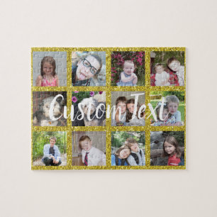 12 Photo Instagram Collage with Faux Gold Glitter Jigsaw Puzzle