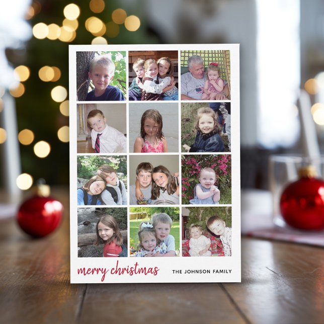 12 Photo Merry Christmas Red Gingham Minimalist Holiday Card (12 Photo - Year in Review Christmas Photo Card - Download Option Available)